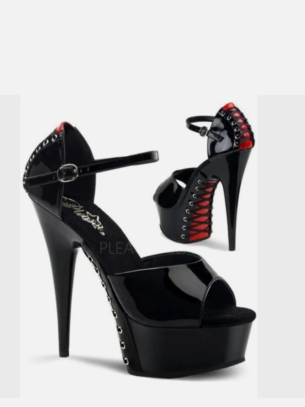 Pleaser Black Patent Platform Peep-Toe Heels with Red Lace Detail